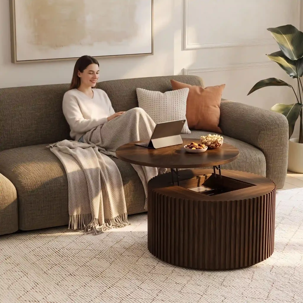 Woman using a tablet on a lift-top coffee table while relaxing on a gray sofa in a cozy living room.