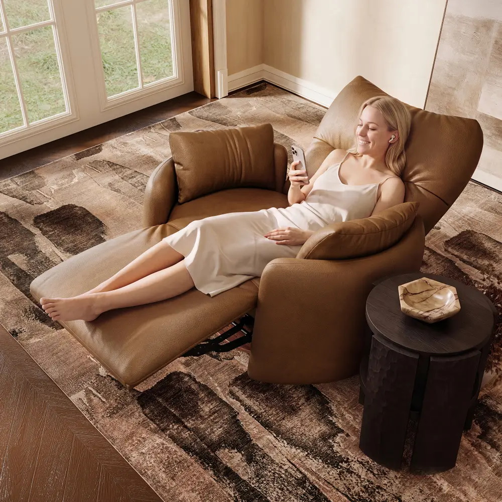 Brown power recliner with an extended footrest in a modern living room