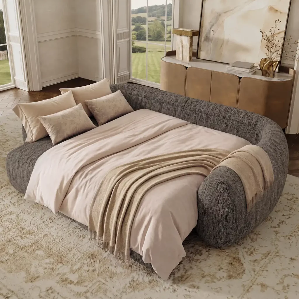 Gray upholstered sofa bed fully extended with cream bedding, decorative pillows, and a beige throw blanket in an elegant, sunlit living room.