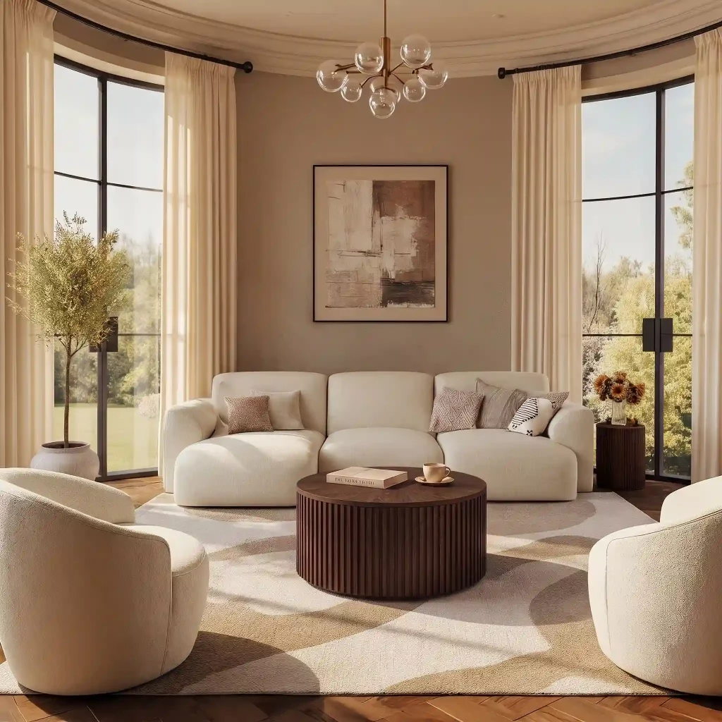 Bright living room with a white sofa bed, round coffee table, accent chairs, large windows, and neutral modern decor.