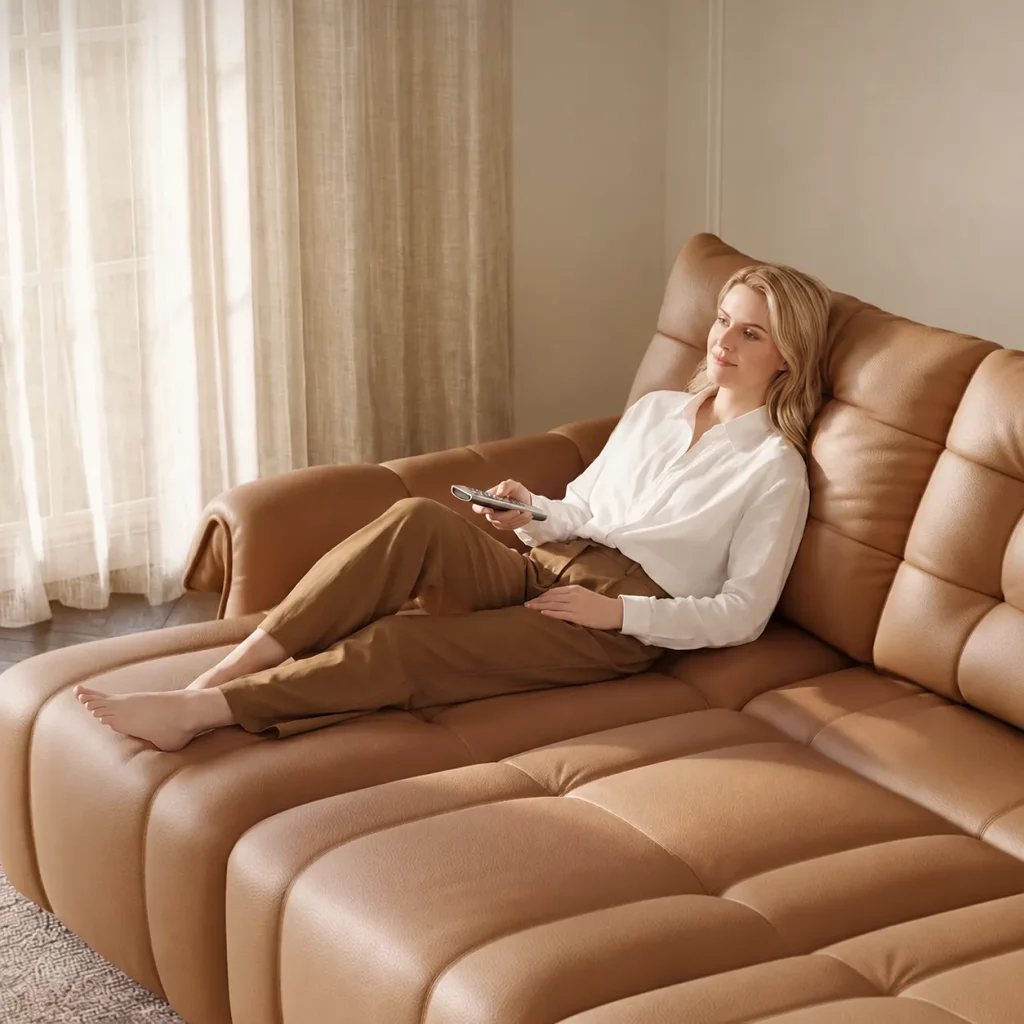 Woman relaxing on a tan leather power sofa bed with extended legrests and plush tufted cushions, holding a remote control in a sunlit living room.