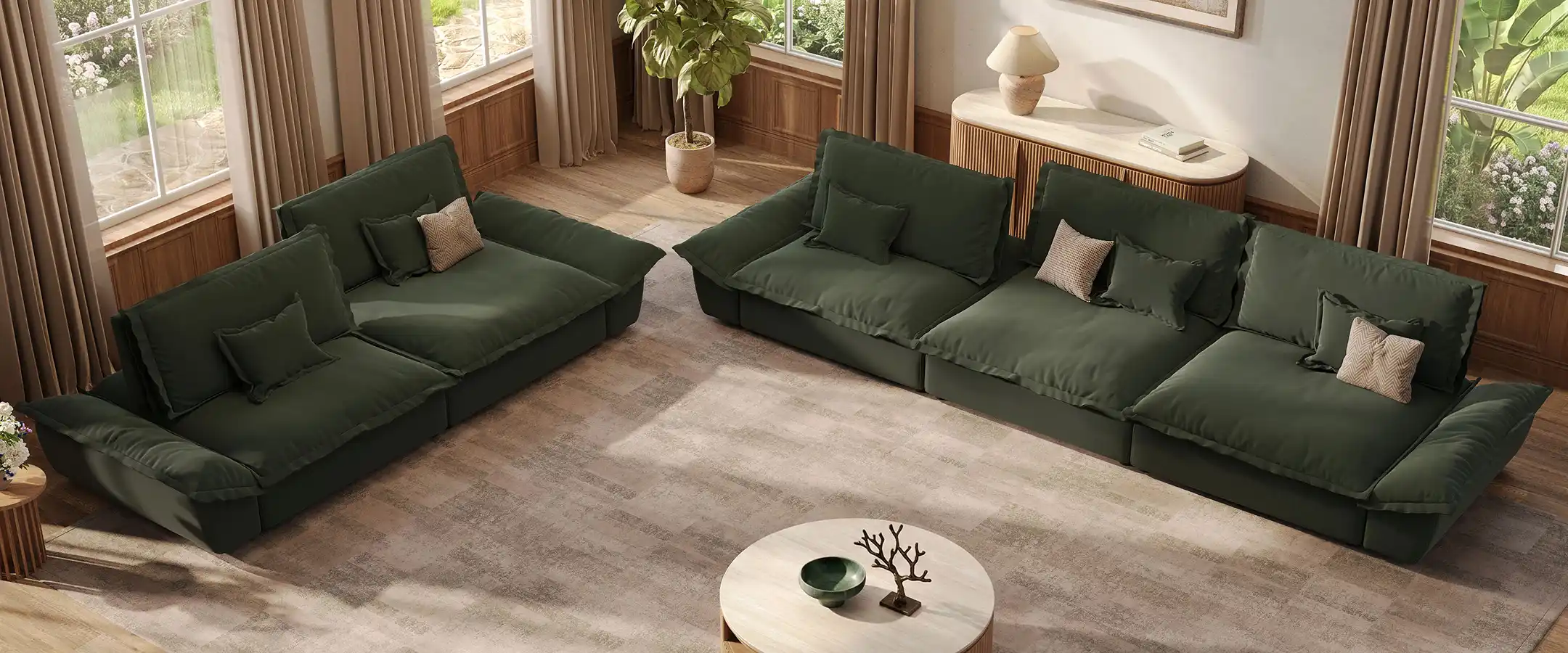 Green modular sectional sofa with adjustable back cushions and multiple seating sections in a bright living room with a round coffee table.