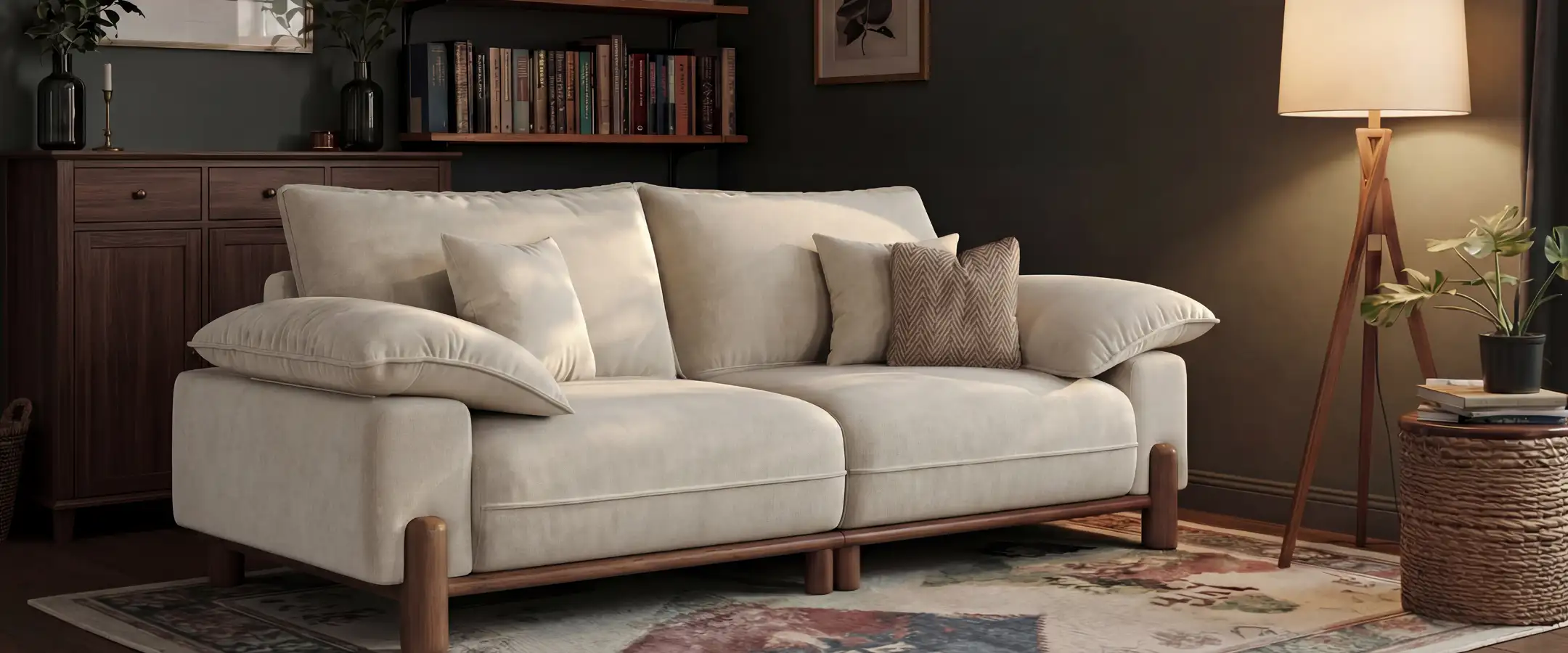 Cream upholstered two-seater sofa with plush cushions, wide armrests, and wooden legs in a cozy living room.