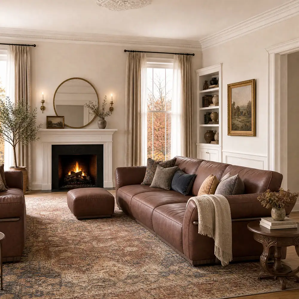 Brown leather sofas in a warm, traditional living room with a fireplace, cream walls, natural greenery, and a vintage patterned rug.