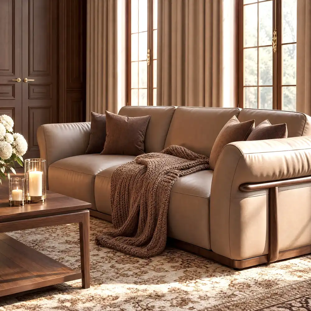 Beige leather sofa with curved arms, brown throw pillows, and a knitted blanket in a warmly lit living room with tall windows.