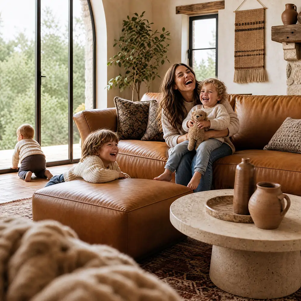 Family relaxing on a brown leather sofa with a matching ottoman in a cozy, sunlit living room.