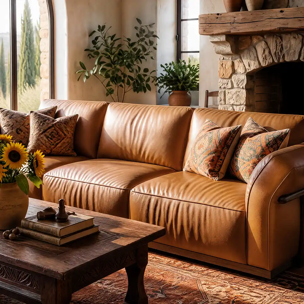Warm leather sofa with patterned throw pillows in a rustic earthy living room featuring a stone fireplace, wooden coffee table, natural greenery, and vintage rug.