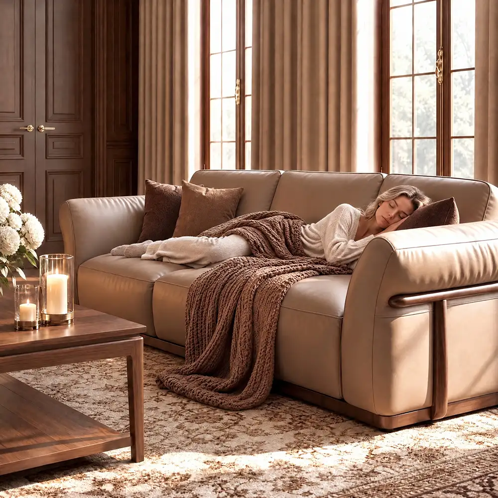 Woman sleeping on a beige leather sofa with a chunky brown knit blanket in a warm, sunlit living room with wooden furniture and neutral decor.