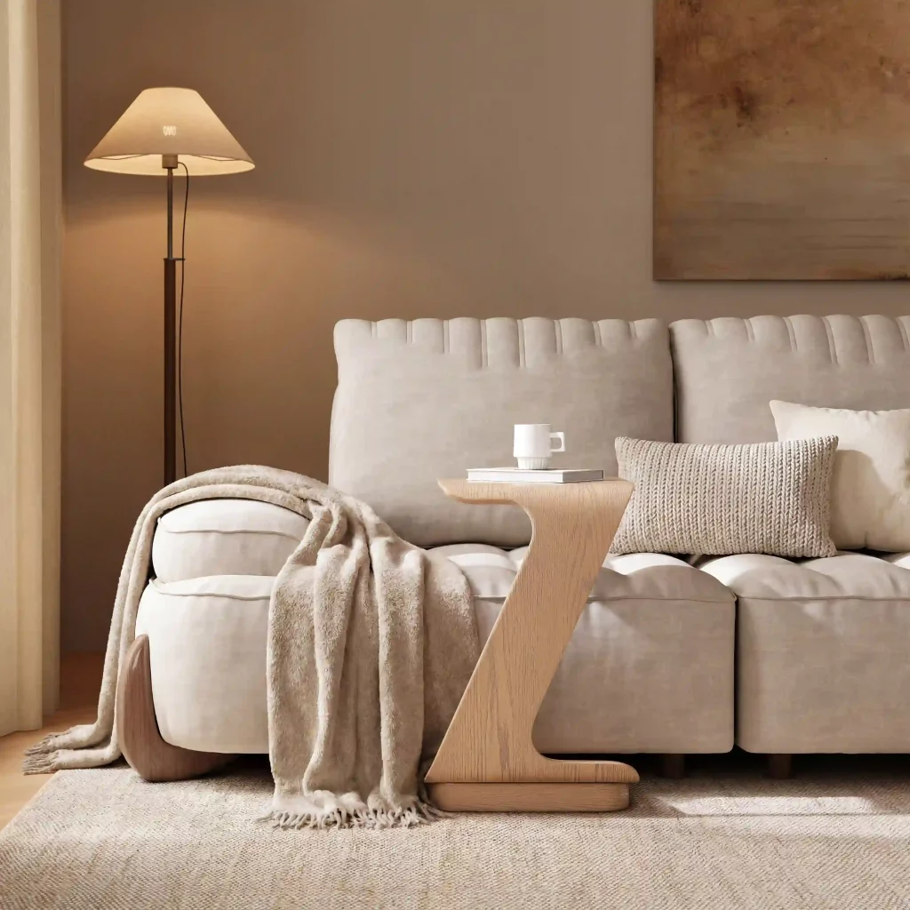 A light wood C-shaped side table beside a cream sofa provides a convenient surface for drinks and everyday essentials.