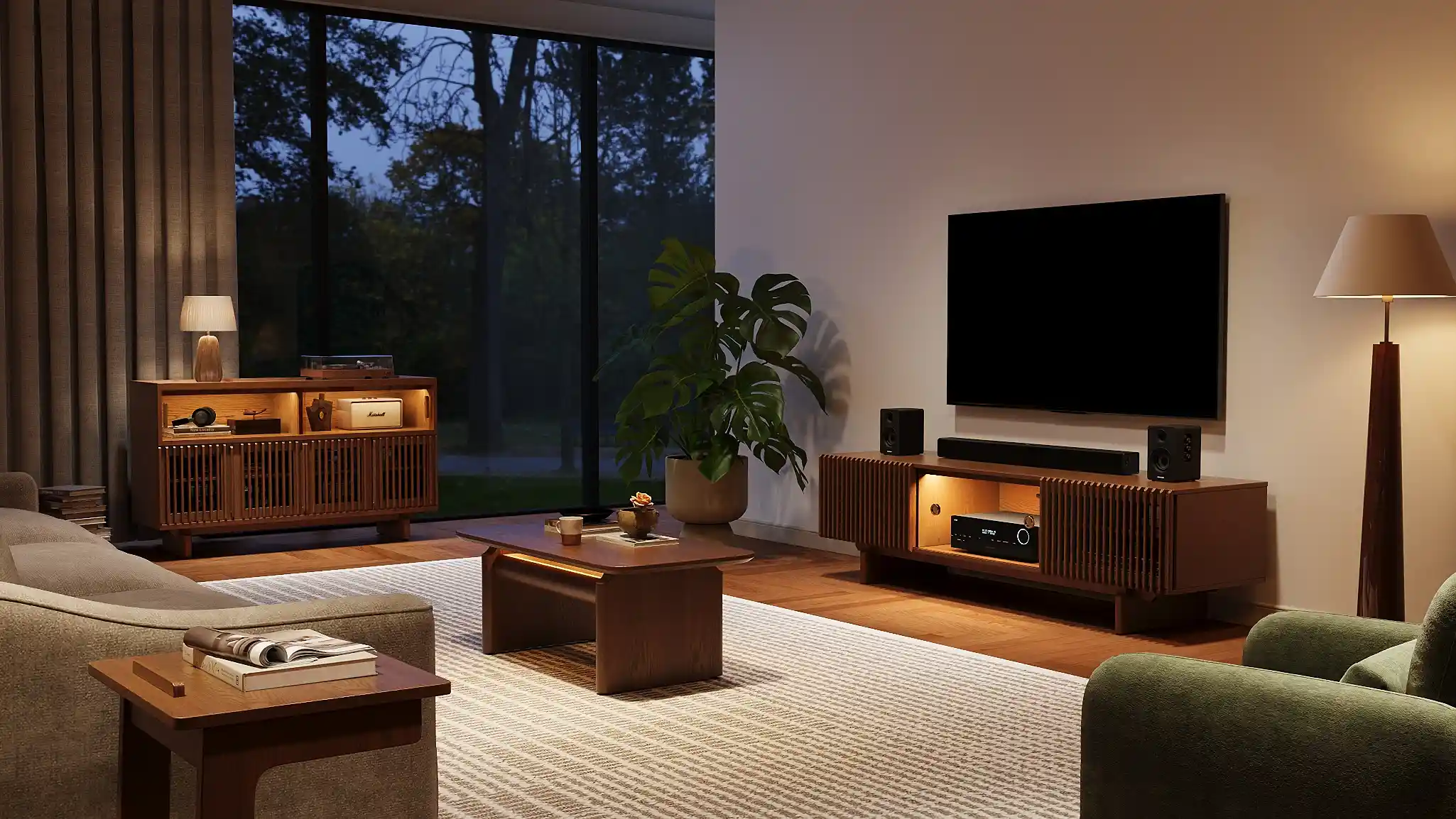 Modern living room with a wooden media console, wall-mounted TV, coffee table, sofa, and warm ambient lighting.