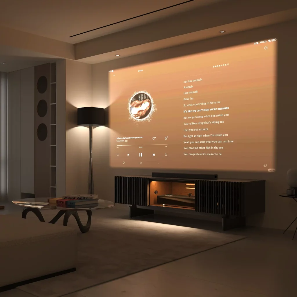 Modern media room with a wall projection screen displaying music lyrics above a wooden media console with ambient lighting.