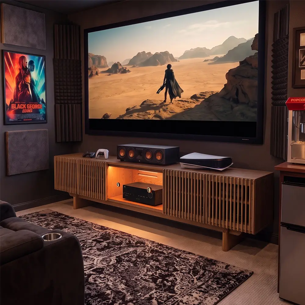 Cozy home theater with a large projection screen, walnut slatted media console, gaming equipment, and recliner seating.