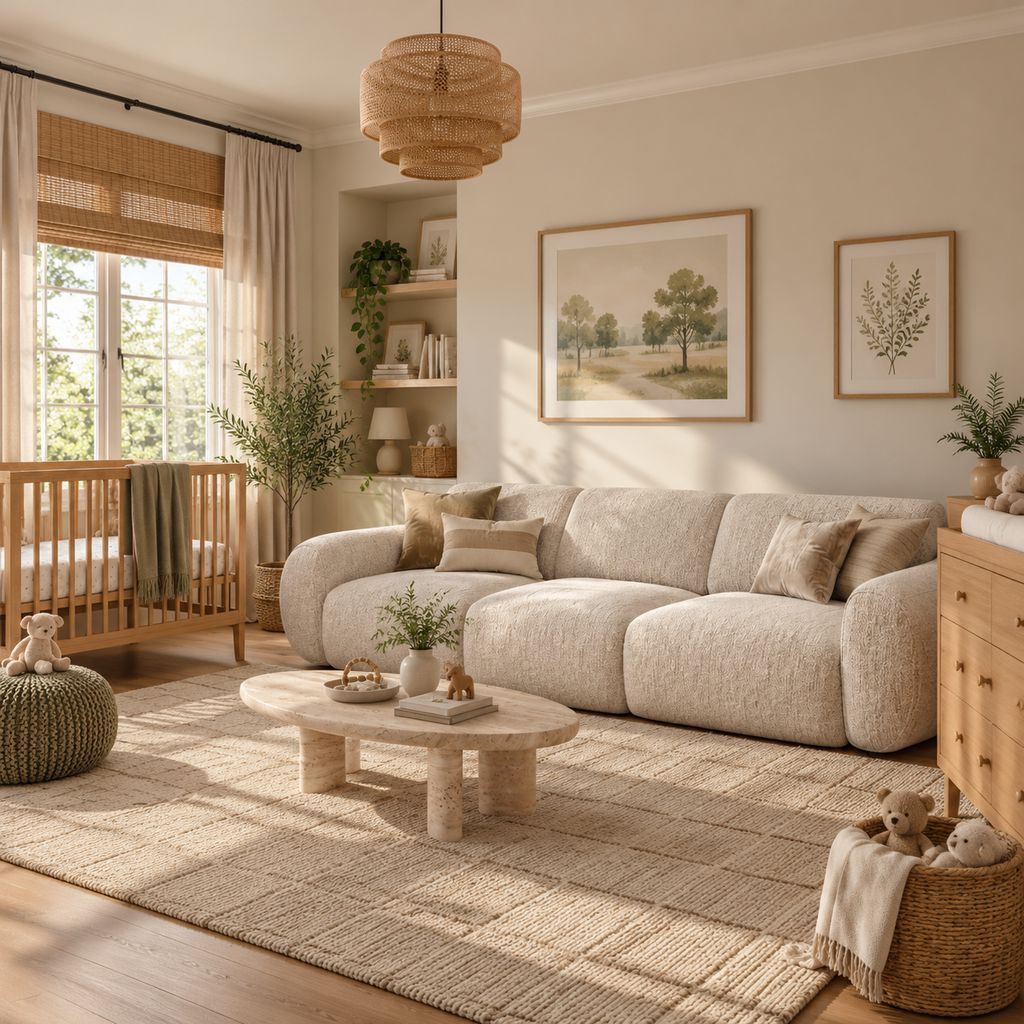 Light beige sectional sofa in a nursery and guest room combo, with a wooden crib, changing dresser, woven rug, and warm neutral decor.