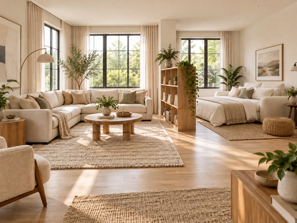 Spacious living room with two functional zones, featuring a cream sectional sofa and an extended Aurora sofa bed separated by a wooden bookshelf.