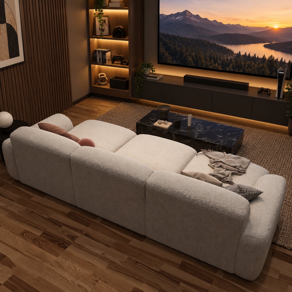Modern game room and guest room combo with a fully extended cream sofa bed, large TV, PS5 console, and built-in storage under warm ambient lighting.