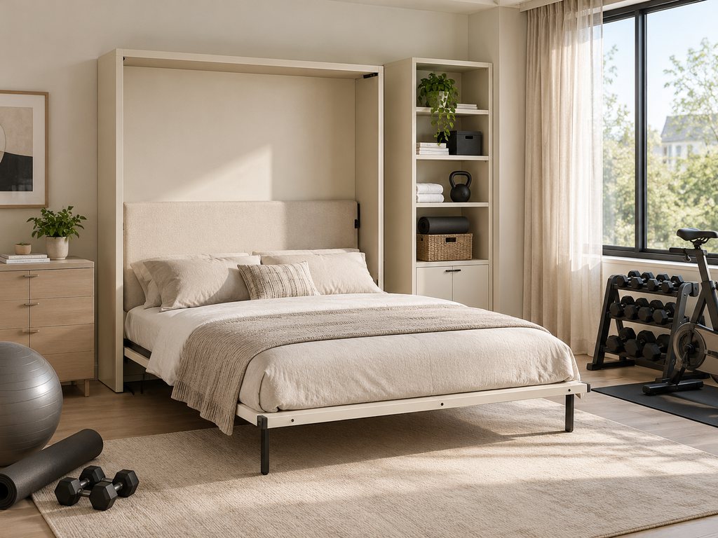 Compact home gym guest room with an unfolded Murphy bed, yoga mat, dumbbells, exercise ball, and organized storage in a naturally lit space.