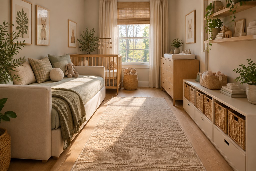 Daybed with low woven storage baskets in a narrow nursery and guest room combo, featuring a wooden crib, changing dresser, and natural daylight.