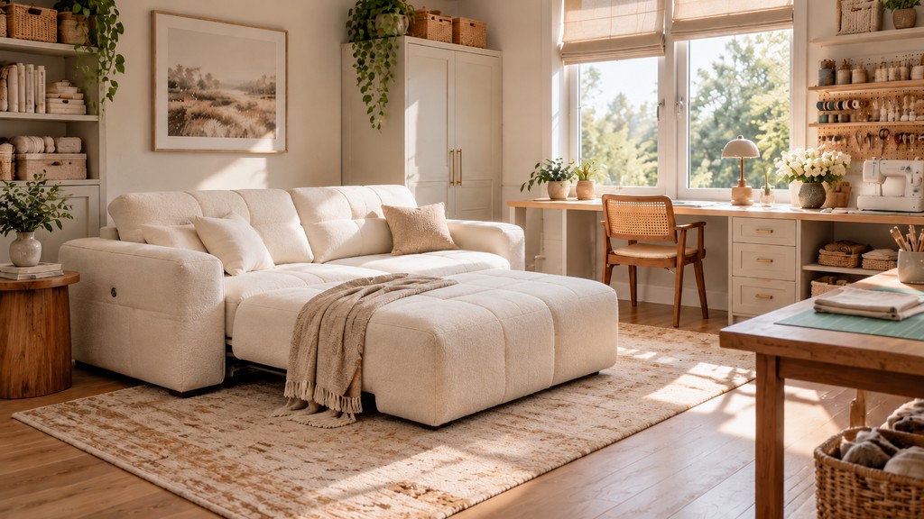 Cream power sofa bed in a cozy craft room guest room combo with a desk, shelving, and natural light.