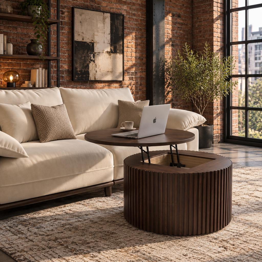 Industrial living room with an exposed red brick wall, black metal shelving and window frames, a cream sofa, a dark walnut lift-top coffee table, and a neutral vintage rug.