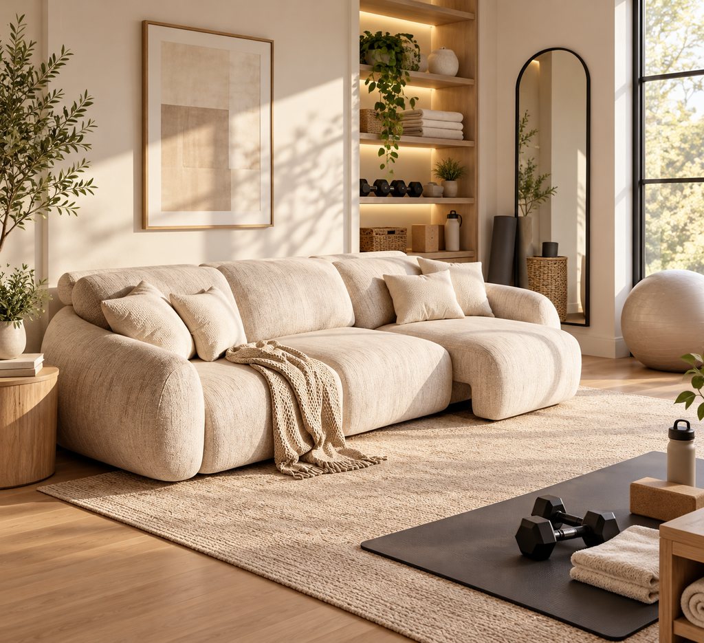 Home gym guest room combo featuring a cream sectional sofa, yoga mat, dumbbells, exercise ball, and organized workout storage in a naturally lit space.