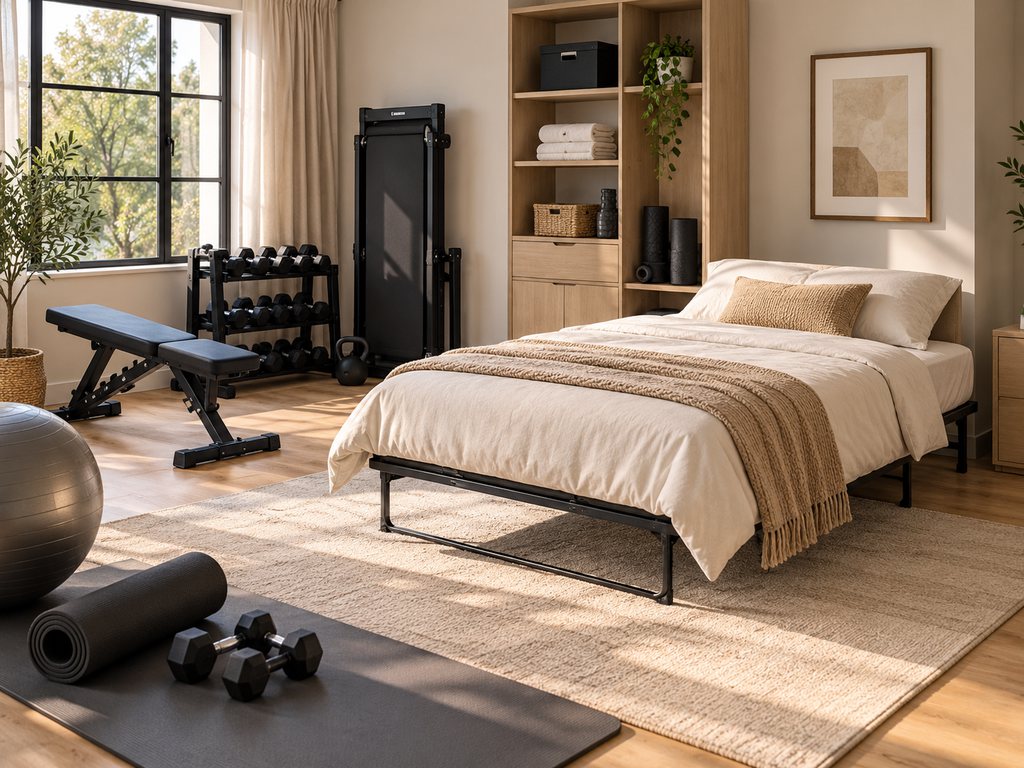 Home gym guest room combo with a fully unfolded guest bed, workout bench, dumbbell rack, yoga mat, and organized fitness storage in a naturally lit room.
