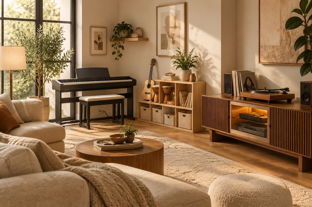 Family-friendly music corner with a cream sectional, digital piano, guitar, open instrument storage, and a wooden media console with a turntable and speakers in a sunlit living room.