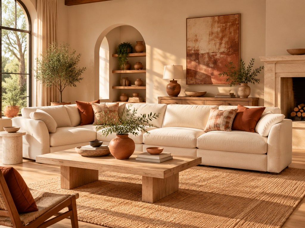 Earthy living room with a cream sofa, terracotta cushions, natural wood coffee table, woven jute rug, greenery, and warm neutral walls.