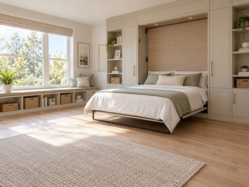 Murphy bed folded down from built-in beige cabinetry in a bright multipurpose room with toy storage baskets, an open play area, and natural sunlight.