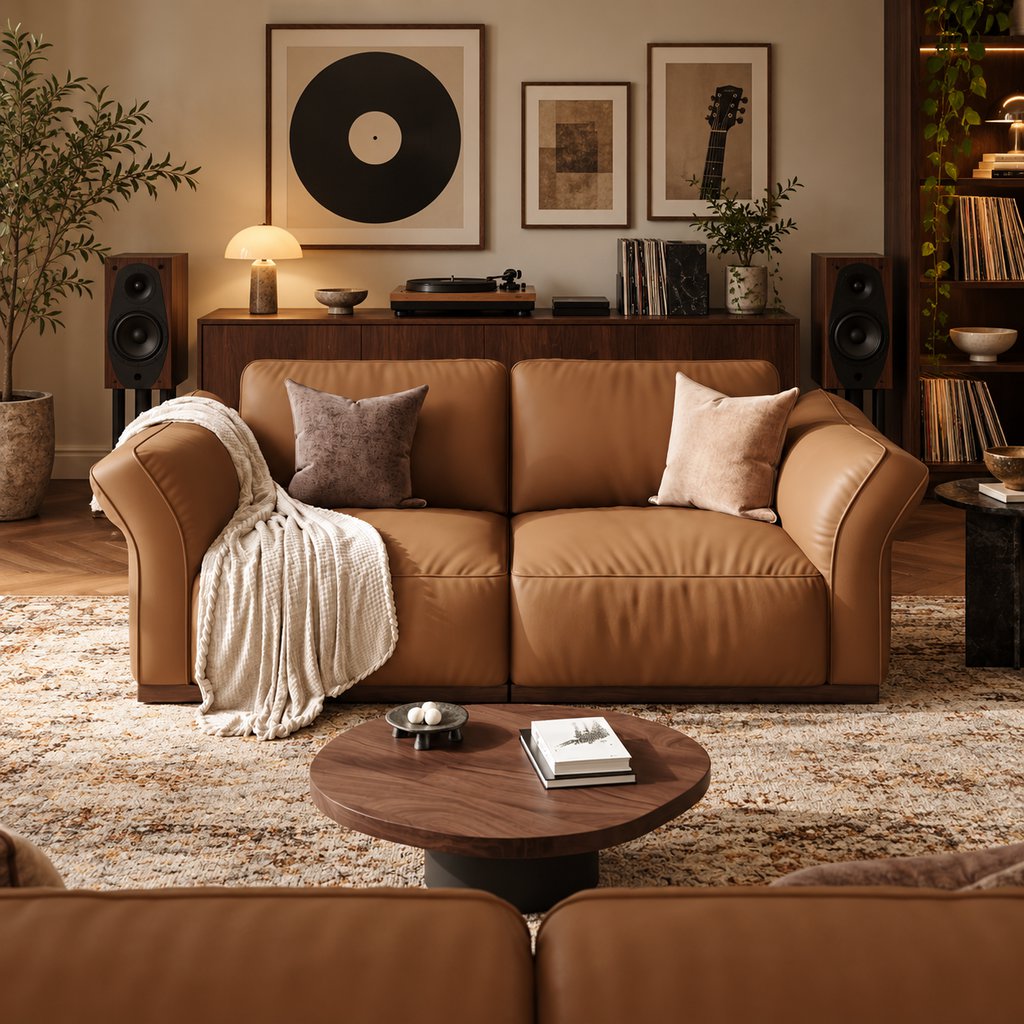 Warm mid-century music room with a caramel leather loveseat, walnut media console, turntable, vinyl records, stereo speakers, framed record artwork, and a round wooden coffee table.