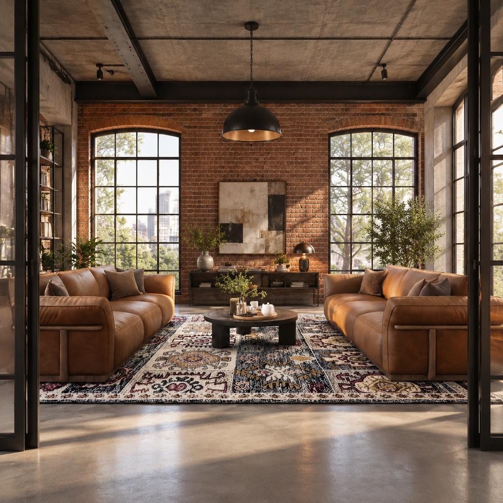 Industrial living room with exposed red brick walls, black metal-framed windows, concrete ceilings, cognac leather sofas, a dark round coffee table, and a vintage patterned rug.