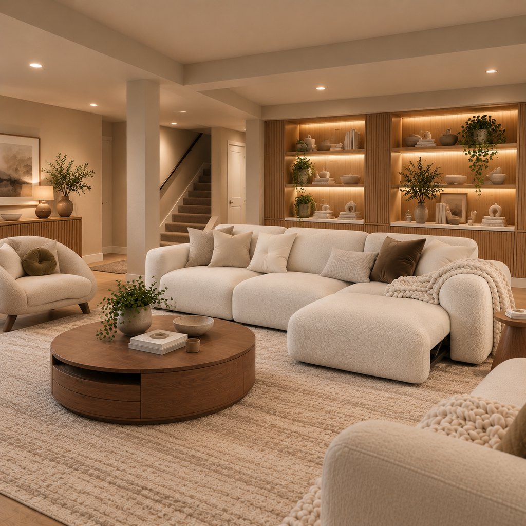 Cozy basement family room with a cream sectional sofa, round wooden coffee table, illuminated built-in display shelves, warm recessed lighting, and a staircase.