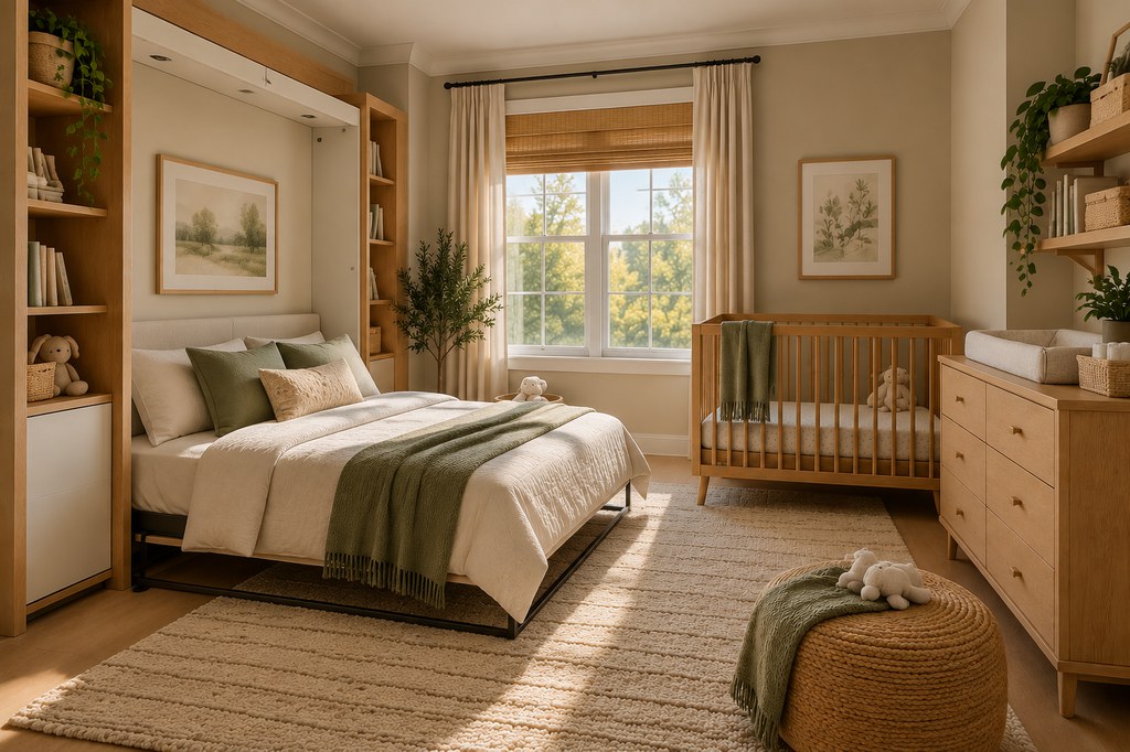 Open Murphy bed in a nursery and guest room combo with a wooden crib, changing dresser, woven rug, and soft midday natural light.