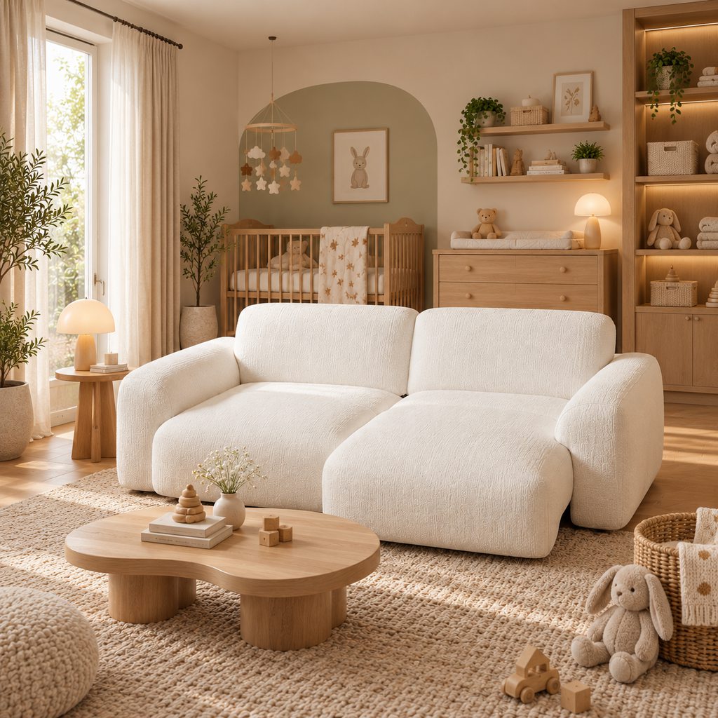 White sofa in a nursery and guest room combo with a wooden crib, changing table, built-in storage, and neutral decor.