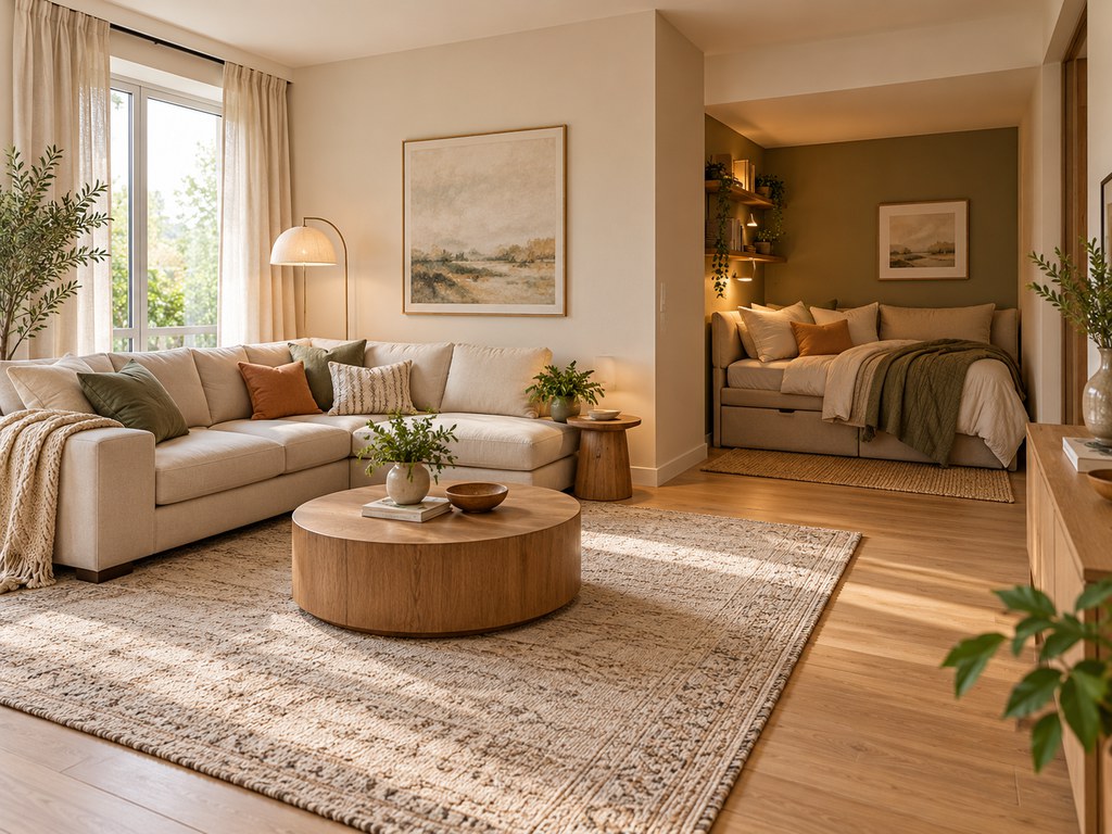 L-shaped living room with a cream sectional sofa and a separate guest daybed in a recessed corner, featuring warm wood furniture and neutral decor.