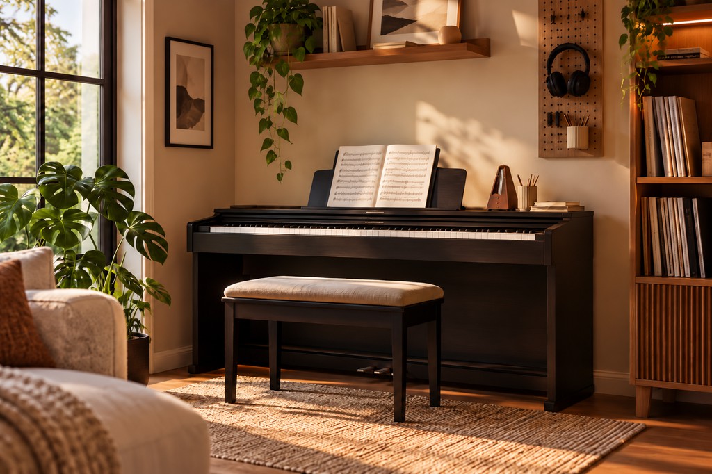 Digital piano with sheet music and a cushioned bench in a cozy music room, featuring warm wood shelving, indoor plants, and natural sunlight.