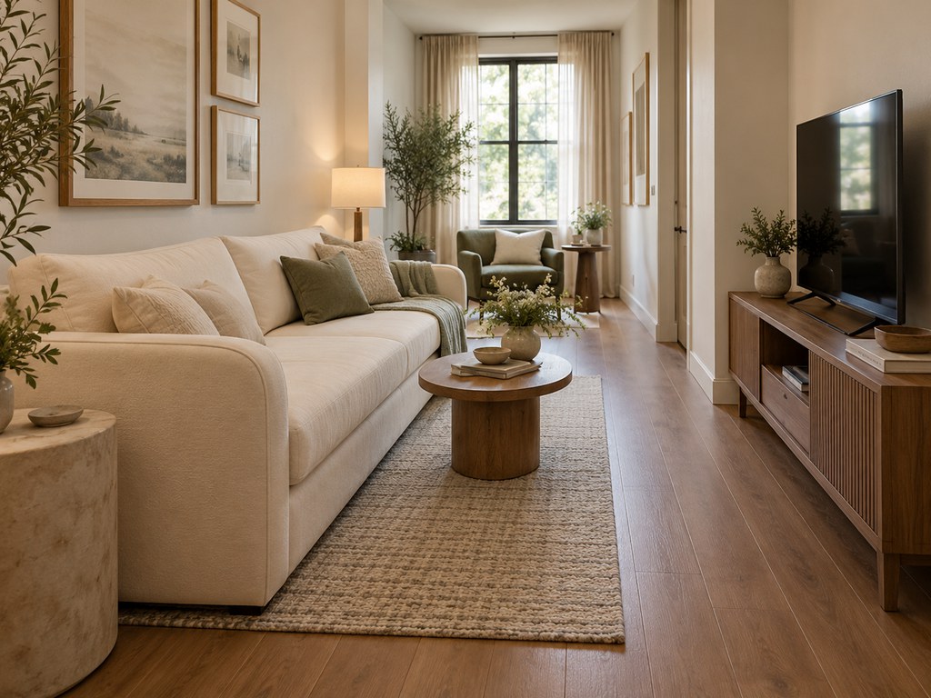 Long, narrow living room with a cream sofa bed along one wall, a wooden coffee table, and a clear side walkway beside the TV console.