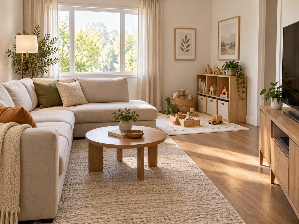 Bright living room with a beige sectional sofa, round wooden coffee table, and a kids’ play corner featuring a small rug, wooden toys, and low storage shelves.