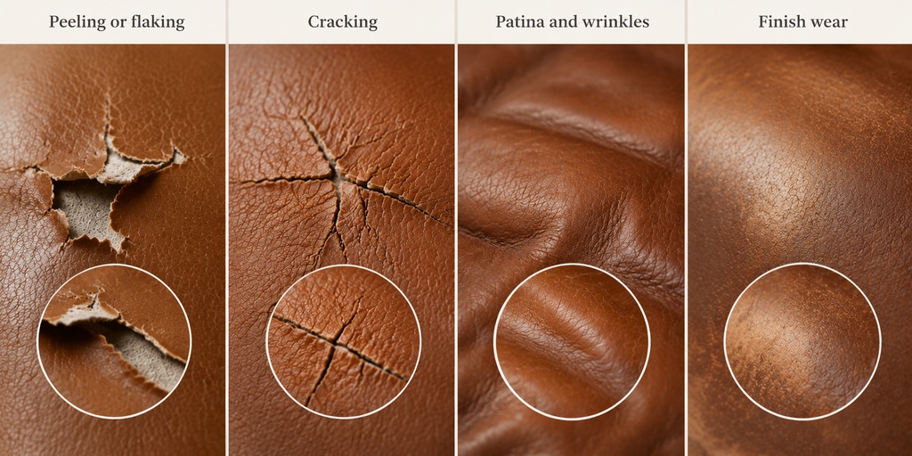Four types of brown leather surface conditions compared: peeling or flaking, cracking, natural patina and wrinkles, and finish wear.