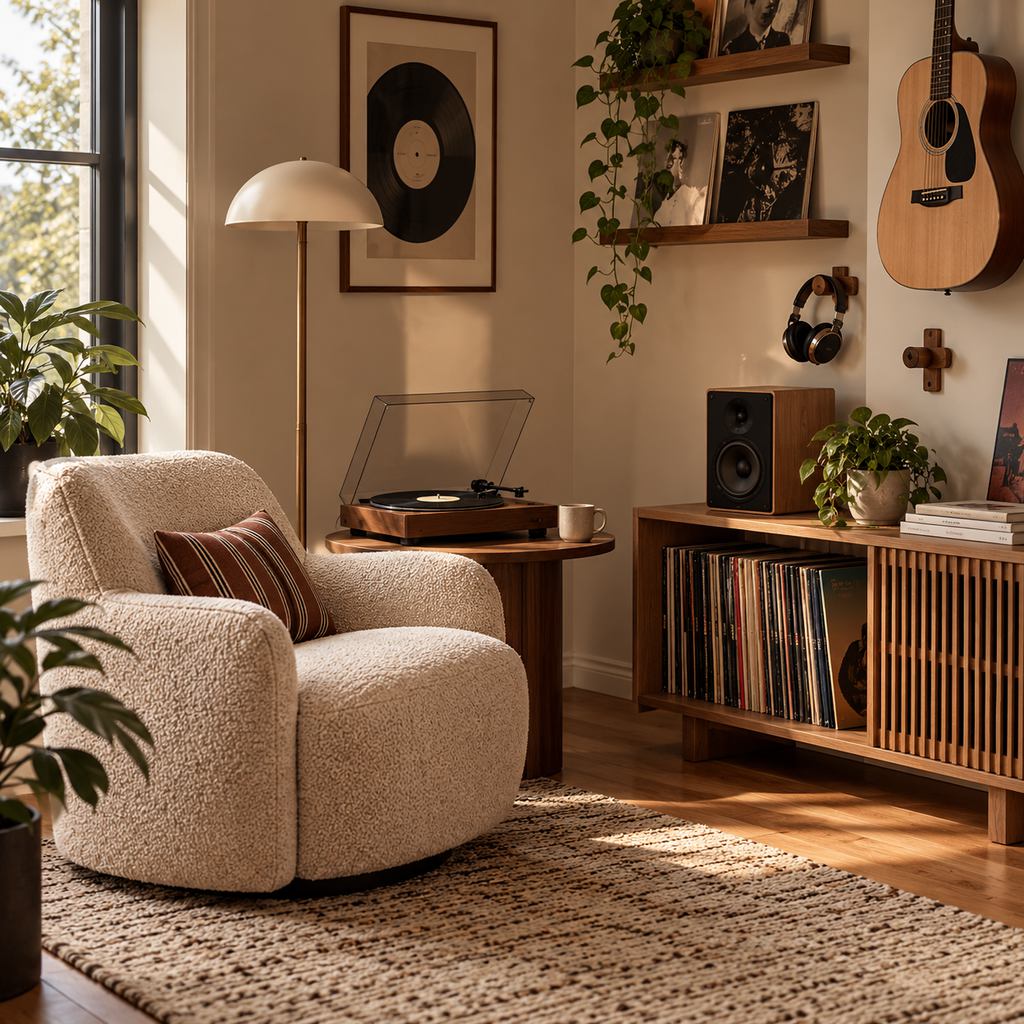 Cozy small music corner with a cream accent chair, vinyl record player, wooden record storage cabinet, wall-mounted guitar, headphones, and an unlit floor lamp.