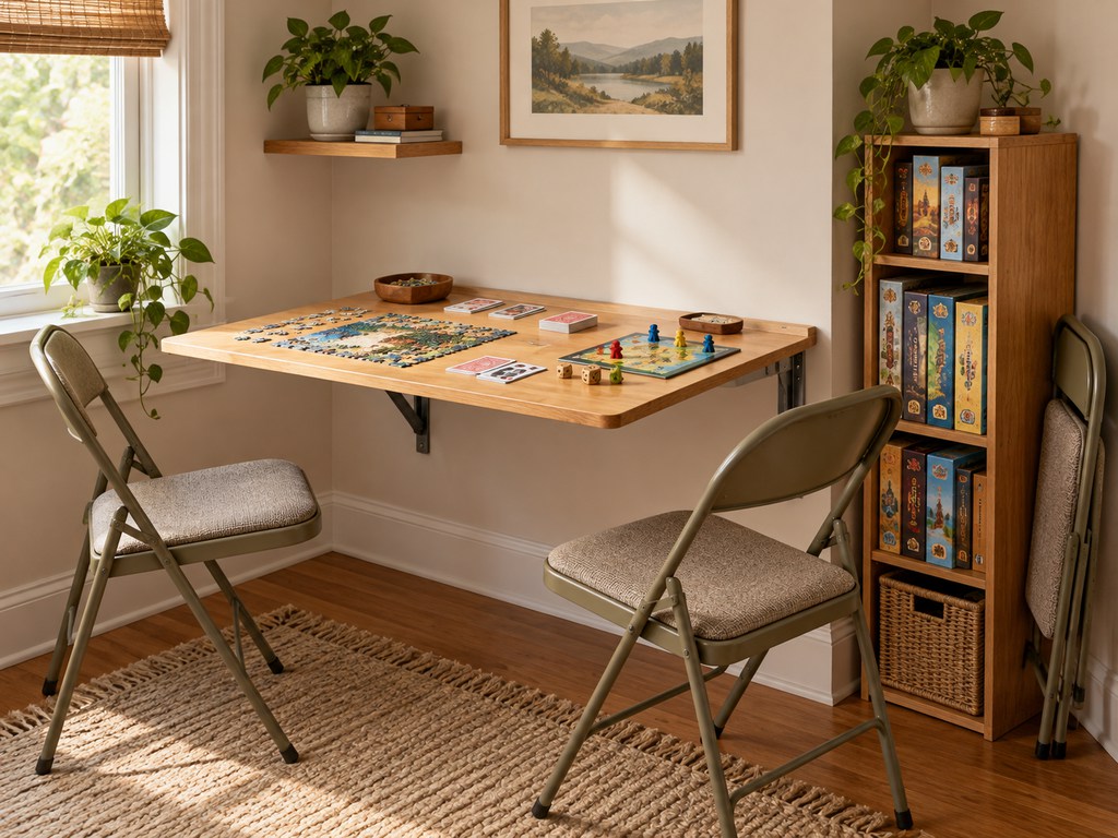 Small tabletop gaming corner with a wall-mounted fold-down wooden table, board games, folding chairs, vertical storage shelves, and natural window light.