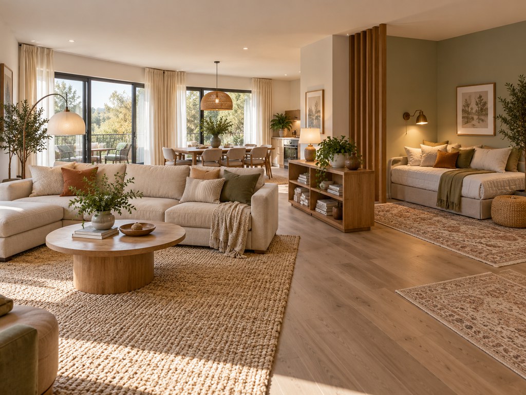 Open-plan living room with a beige sectional sofa and a separate guest daybed nook, defined by wooden dividers and area rugs beside the dining area.