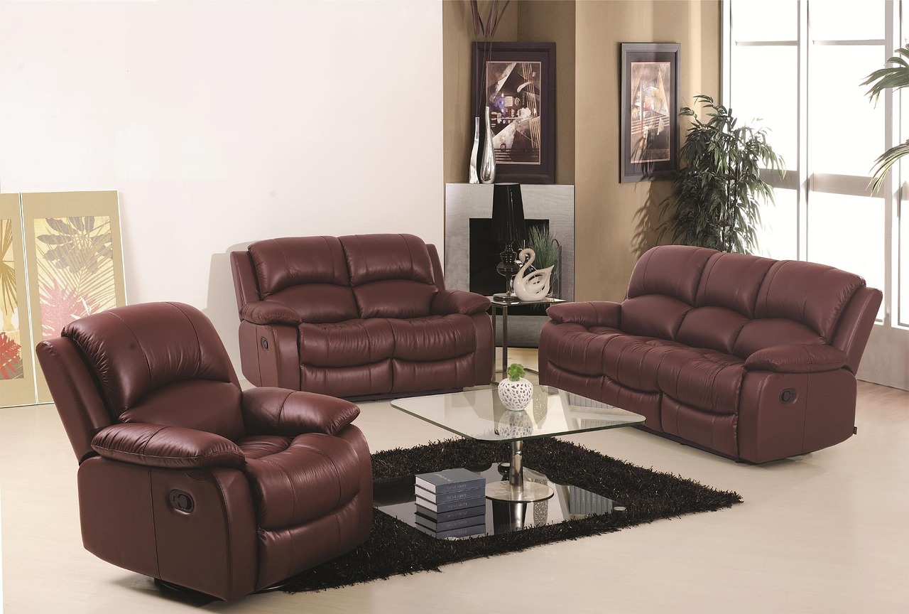 Brown leather sofa suite in a family living room