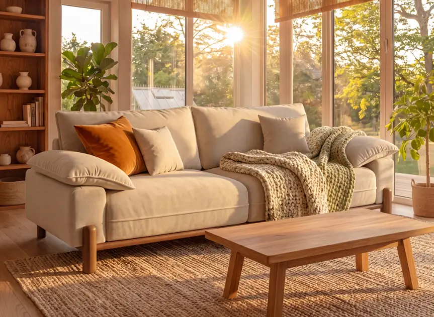 Beige couch with plush cushions, orange accent pillow, and knitted throw in a sunlit living room.