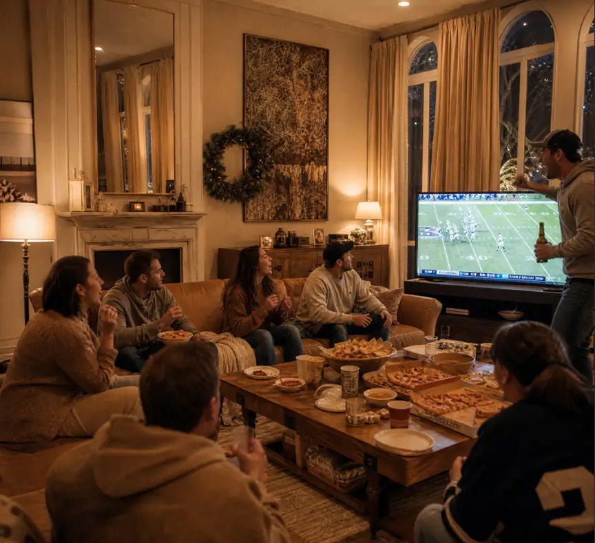 Family and friends watching a football game together in a cozy living room with a large TV and leather sofa.