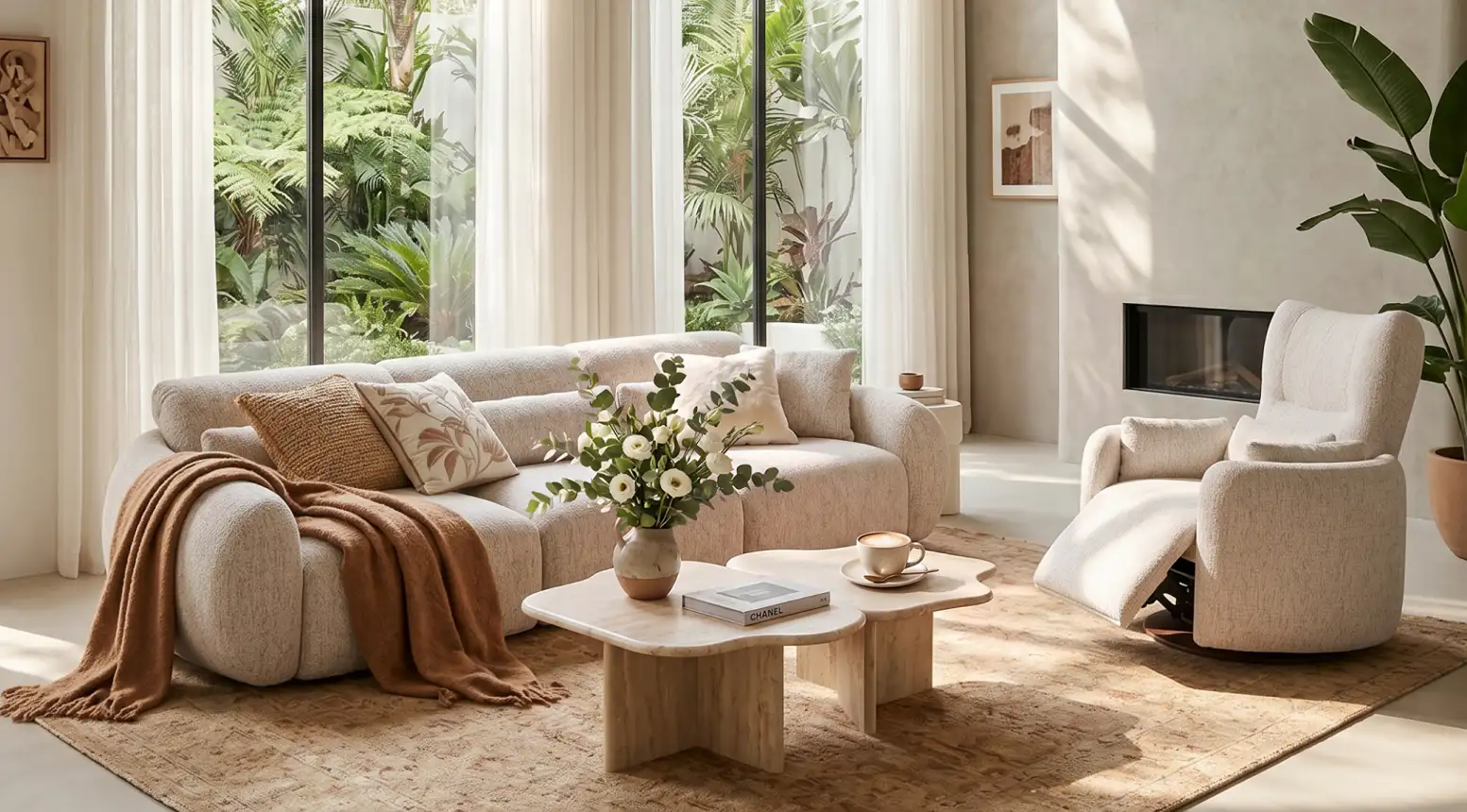 Cream extendable couch with accent pillows and a brown throw blanket beside a matching reclining armchair with an extended footrest in a bright, modern living room.