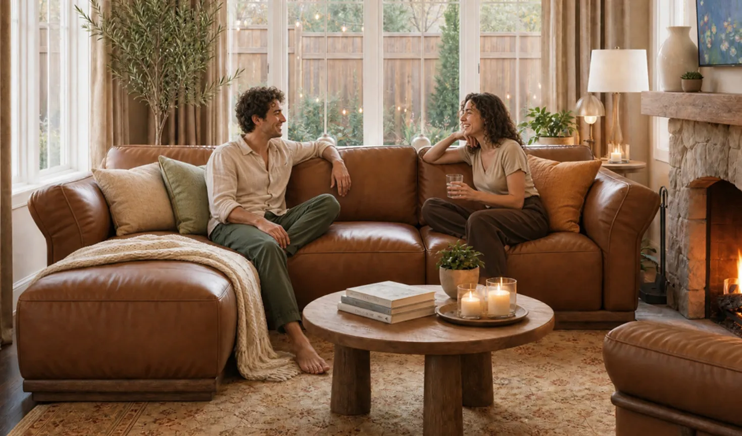 Couple chatting on a brown leather sectional sofa with a chaise lounge and round wooden coffee table in a cozy living room.