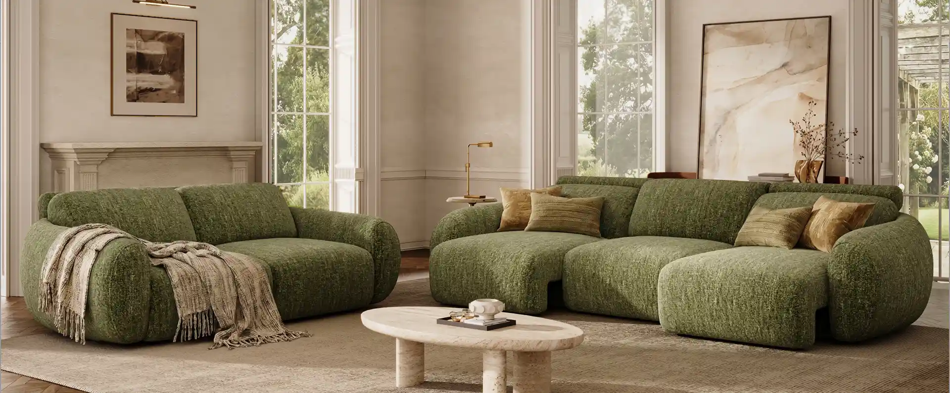 Olive green upholstered sofa beds arranged around a marble coffee table in a bright, elegant living room with large windows.