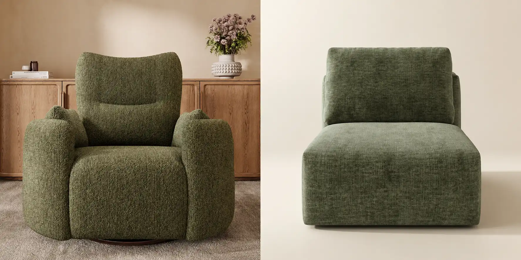 Olive green recliner and armless chaise-style modular seat shown side by side for comparison