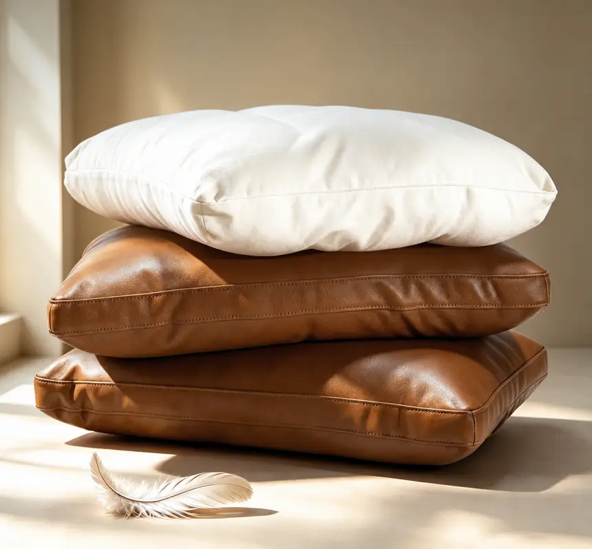 Stack of soft white fabric and brown leather sofa cushions showing different upholstery textures.