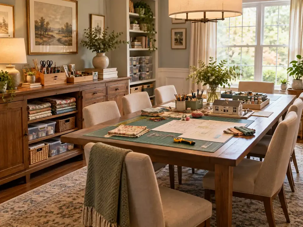 Dining room converted into a craft workspace with a large wooden table, sewing supplies, storage cabinets, and upholstered chairs.